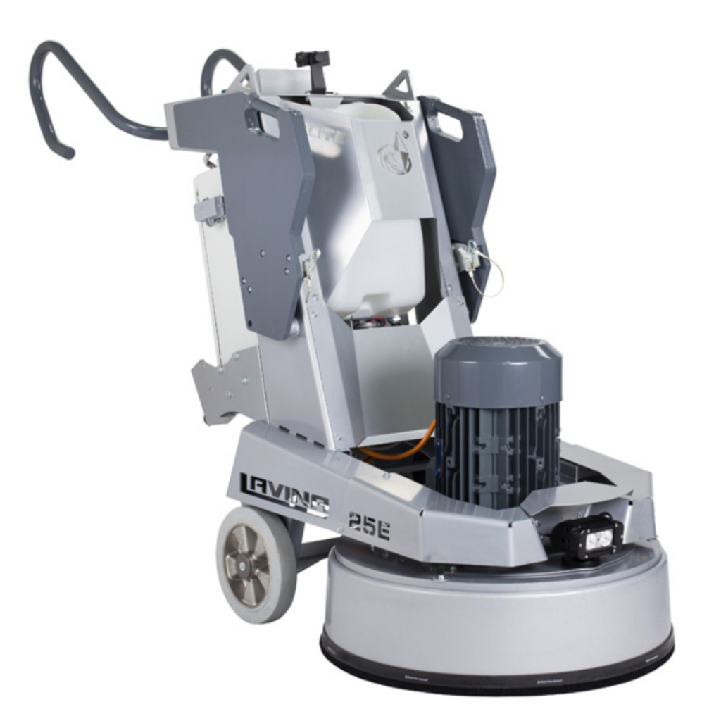 A floor grinder is shown with the wheels down.