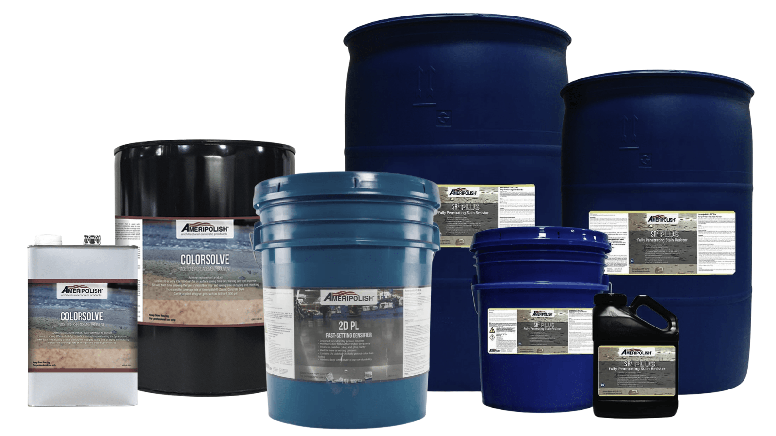 A group of blue and black containers with different sizes.