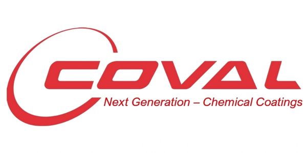 A red and white logo of coval