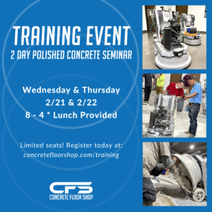 A flyer for the February 2024 Polished Concrete Seminar.