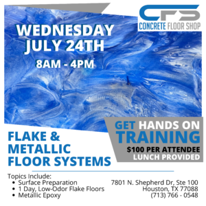 Concrete floor training on July 24th, 8 AM to 4 PM.
