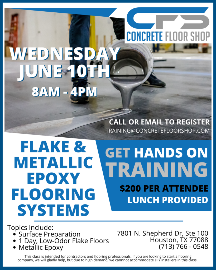 Promotional flyer for a hands-on training on flake and metallic epoxy flooring systems.