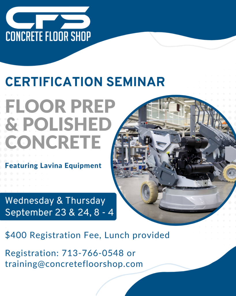 Seminar on floor prep and polished concrete with live equipment demo.